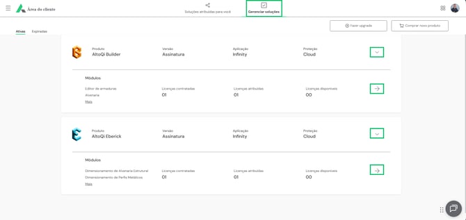 Área do Cliente Seção Gerenciar Soluções